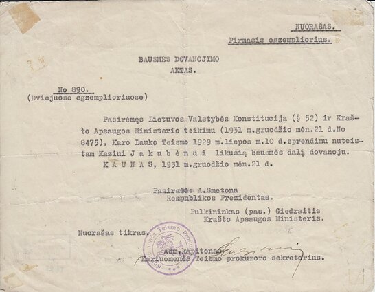 Bausmės dovanojimo aktas. Kaunas. 1931 12 21