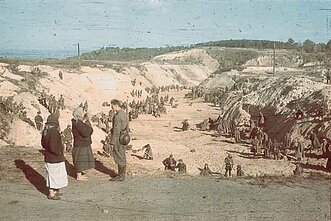 Sovietų karo belaisviai užlygina griovą po žudynių