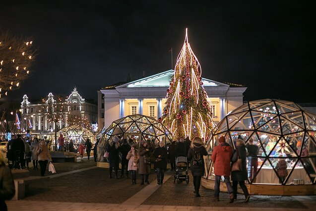 Vilniaus Rotušės Kalėdų eglė ir šventinis traukinukas