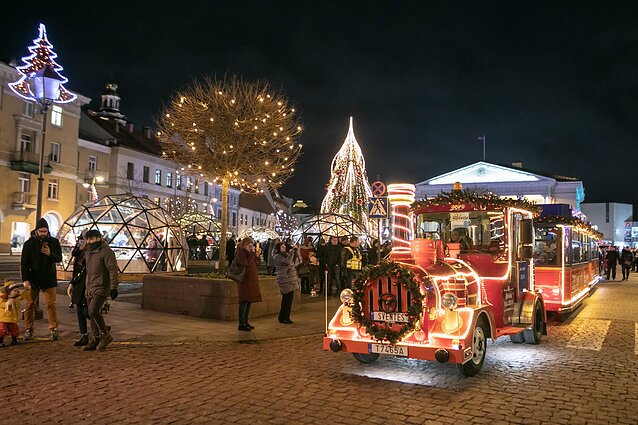 Vilniaus Rotušės Kalėdų eglė ir šventinis traukinukas