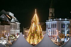 Vilniaus Rotušės Kalėdų eglė ir šventinis traukinukas