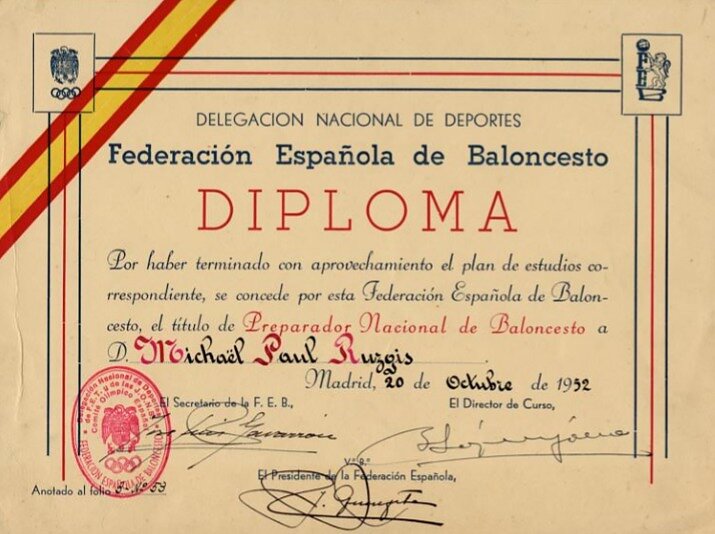 M. Ruzgiui skirtas diplomas už darbą su Ispanijos rinktine 1952 m.