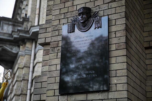 The restored memorial plaque to Jonas Noreika-Vėtra in Vilnius.