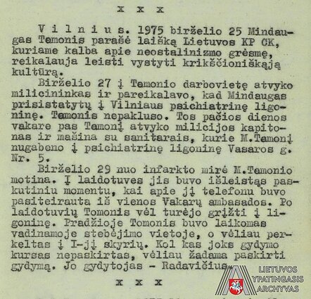 Informacija apie priverstinį Mindaugo Tomonio paguldymą į Vilniaus psichoneurologijos ligoninę, paskelbta Lietuvos katalikų bažnyčios kronikoje, Nr. 19