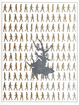 Jurijus Sobolevas, „Ieškant buliaus“. 1990. Popierius, šilkografija, koliažas. LNDM