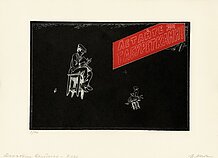 Ilja Kabakovas, „Skraidykite taburetėmis!“, 1986. Popierius, ofortas. LNDM Ilja Kabakovas, „Skraidykite taburetėmis!“, 1986. Popierius, ofortas. LNDM