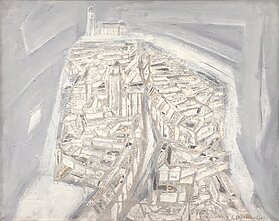 Aloyzas Stasiulevičius, „Miestas erdvėje. M. K. Čiurlionio atminimui“ (1993, drobė, akrilas, koliažas)