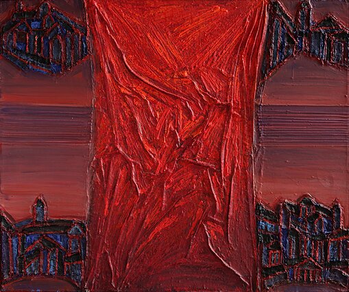 Aloyzas Stasiulevičius „Variacijos Vilniaus tema (Brolio atminimui)“, (2009, drobė, aliejus, koliažas)