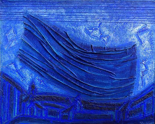 Aloyzas Stasiulevičius, „Vakaro preliudas“ (1999, drobė, akrilas, koliažas)
