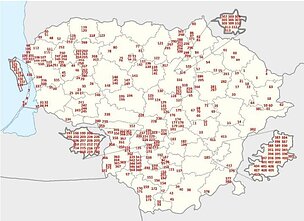 V. Rimaitės-Beržiūnienės disertacijoje analizuotų paminklų išsidėstymas Lietuvoje V. Rimaitės-Beržiūnienės disertacijoje analizuotų paminklų išsidėstymas Lietuvoje
