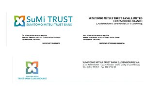 Japonijos banko Liuksemburgo filialo suklastotas logotipas (viršuje) ir tikras logotipas (apačioje)