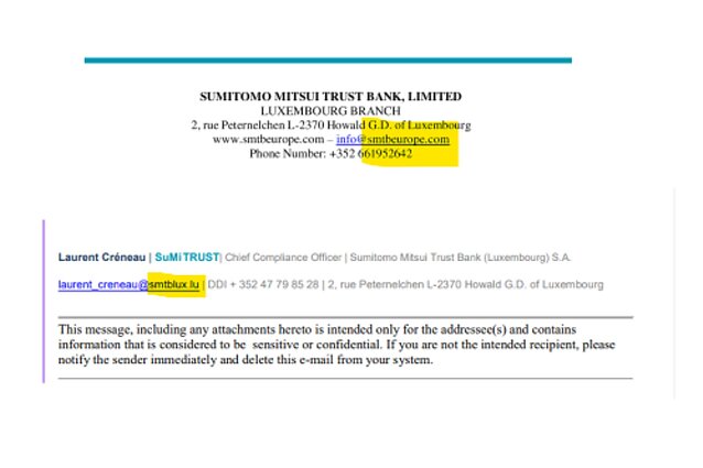 Tikro (apačioje) ir suklastoto (viršuje) Japonijos banko Liuksemburgo elektrinio pašto adreso palyginimas 