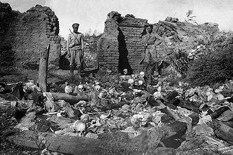 Paviešintoje Armėnijos genocido muziejaus-instituto archyvinėje nuotraukoje – kariai, stovintys prie vieno Armėnijos kaimo aukų Pirmojo pasaulinio karo metu