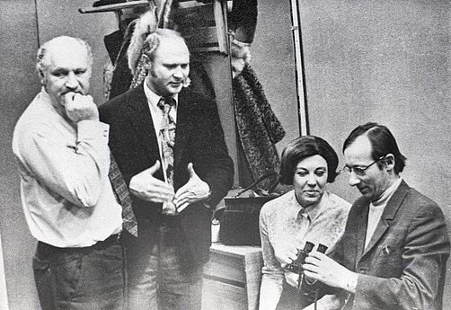 Iš kairės: Petras Likša, Bronius Talačka, Julija Adamkevičienė, Pranas Stankevičius. 1973 m.  