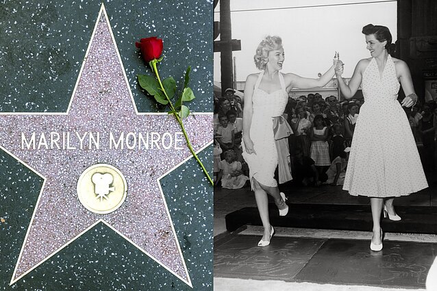 Holivudas pagerbia prieš 100 metų gimusią Marilyn Monroe. Dešinėje – Marilyn Monroe, Jane Russell, 1953 m.