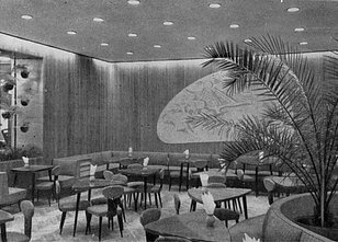 Autentiškas kavinės „Neringa“ Vilniuje salės interjeras (1959 m., architektai Algimantas ir Vytautas Nasvyčiai, sienų tapyba, dailininkai Vladas Jankauskas, Vytautas Povilaitis