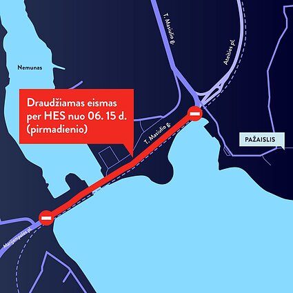 Dėl Pietrytinio aplinkkelio statybų iki vasaros pabaigos uždaromas eismas Kauno hidroelektrinės tiltu Dėl Pietrytinio aplinkkelio statybų iki vasaros pabaigos uždaromas eismas Kauno hidroelektrinės tiltu