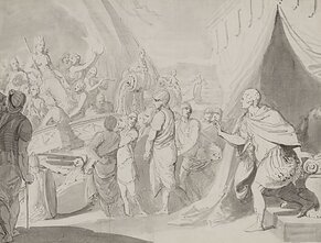 Pranciškus Smuglevičius (1745–1807). „Antonijaus ir Kleopatros susitikimas Tarse“. 1772.  Popierius, tušas