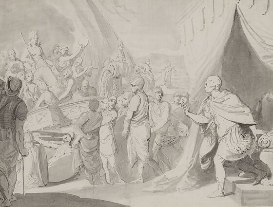 Pranciškus Smuglevičius (1745–1807). „Antonijaus ir Kleopatros susitikimas Tarse“. 1772.  Popierius, tušas