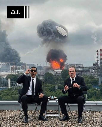 Su DI redaguoti vaizdai, pašiepiantys dronų ataką Maskvoje. Nuotraukoje – kino juostos „Vyrai juodais drabužiais“ pagrindiniai veikėjai, kurie filme gaudo Žemėje gyvenančius ateivius