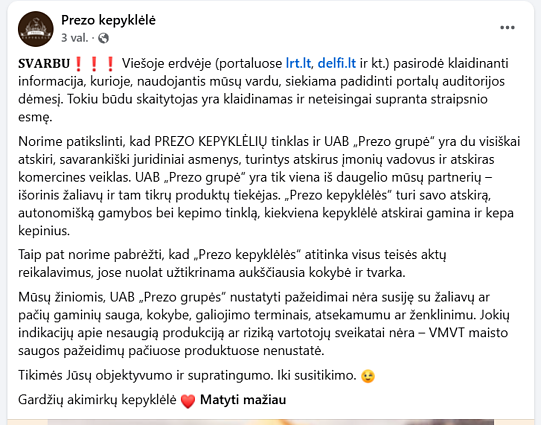 „Prezo“ kepyklėlės komentaras „Facebook“